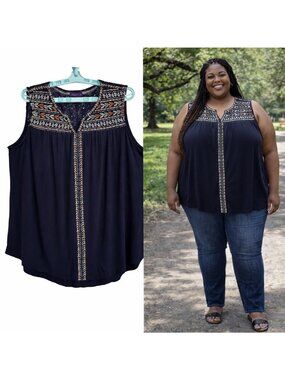 Artesia Navy Blue Embroidered Sleeveless Top XXL Womens Boho Lace Yoke Hippie